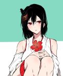  1girl asakawa_(outeq) bare_shoulders black_hair breasts collarbone commentary detached_sleeves flower hair_ornament japanese_clothes kantai_collection looking_at_viewer nontraditional_miko red_eyes short_hair simple_background sitting solo tagme yamashiro_(kantai_collection) 