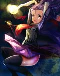  1girl animal_ears arms_up black_legwear blazer hizagawa_rau long_hair long_sleeves looking_at_viewer necktie open_blazer open_clothes open_mouth purple_hair rabbit_ears red_eyes reisen_udongein_inaba shirt skirt smile solo thigh-highs thighs touhou very_long_hair zettai_ryouiki 