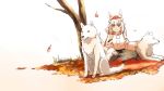  1girl animal_ears autumn_leaves bare_tree black_skirt breasts commentary_request detached_sleeves eyebrows hand_on_lap hat inubashiri_momiji long_skirt looking_at_viewer pom_pom_(clothes) red_eyes red_skirt ribbon-trimmed_clothes ribbon-trimmed_sleeves ribbon_trim rock simple_background sitting skirt sleeveless smile solo tokin_hat touhou tree turtleneck white_background wind wolf wolf_ears zzzzzzzzzzzzzzp 