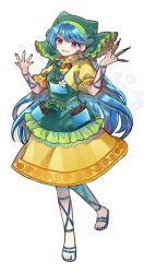  1girl :d absurdres apron arm_ribbon blue_sandals commentary_request dress earrings full_body green_apron green_headscarf hands_up haniyasushin_keiki headscarf highres holding_tool hoop_earrings jewelry leg_ribbon long_hair looking_at_viewer magatama magatama_necklace making-of_available necklace puffy_short_sleeves puffy_sleeves red_eyes red_nails ribbon sandals short_sleeves simple_background smile socha solo touhou very_long_hair white_background yellow_dress 