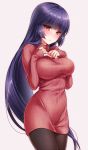  1girl akira_(natsumemo) black_legwear blush breasts gym_leader hands_on_own_chest large_breasts long_hair looking_at_viewer natsume_(pokemon) pantyhose pokemon pokemon_(game) purple_hair red_eyes ribbed_sweater simple_background solo sweater very_long_hair 