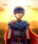  1boy armor blue_eyes blue_hair cape clouds fire_emblem fire_emblem:_mystery_of_the_emblem gloves komugikomix male_focus marth short_sleeves smile solo sunlight tiara twilight 