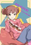  1girl bean_bag bread brown_eyes brown_hair food grin k-on! kanau short_hair smile solo suzuki_jun sweater twintails v 