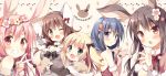  5girls :d ;d animal_ears black_hair blonde_hair blue_eyes blush breasts brown_eyes brown_hair chestnut_mouth cleavage detached_sleeves dress fake_animal_ears fang flower flower_wreath gloves grin hair_flower hair_ornament hairclip hug long_hair looking_back low_twintails multiple_girls one_eye_closed open_mouth original pan_(mimi) paw_gloves paw_pose pink_eyes pink_hair rabbit_ears red_eyes ribbon smile twintails v violet_eyes 