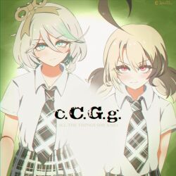  2girls ahoge artist_name blonde_hair brown_hair cecilia_immergreen commentary english_commentary gigi_murin green_eyes green_hair hair_between_eyes highres hololive hololive_english jess75 looking_at_viewer low_twintails medium_hair multicolored_hair multiple_girls necktie parody plaid_clothes plaid_necktie plaid_skirt pleated_skirt red_eyes shirt short_hair short_sleeves simple_background skirt tatu twintails twitter_username two-tone_hair virtual_youtuber white_hair white_shirt winding_key 