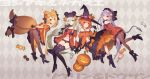  4girls :d animal_ears ass bare_shoulders black_gloves black_legwear blonde_hair blue_eyes bow braid candy choker cross demon_tail detached_sleeves fox_ears fox_tail gloves hairband halloween hat high_heels jack-o&#039;-lantern jewelry lollipop long_hair looking_at_viewer multiple_girls multiple_tails necklace open_mouth orange_hair original pantyhose purple_hair purple_legwear red_eyes sabakamen sengoku_bushouki_muramasa silver_hair single_braid smile tail tail_bow thigh-highs very_long_hair witch_hat 