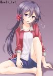  1girl akebono_(kantai_collection) anti_(untea9) bangs barefoot blue_pants casual commentary flower gym_shirt gym_shorts hair_flower hair_ornament highres jacket kantai_collection long_hair open_clothes open_jacket open_mouth pants purple_background purple_hair red_jacket shirt short_pants side_ponytail simple_background sitting sleeves_pushed_up solo track_jacket twitter_username violet_eyes white_shirt 