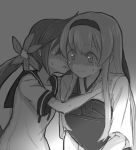  2girls akebono_(kantai_collection) atsushi_(aaa-bbb) blush commentary_request flower hair_flower hair_ornament headband incipient_kiss kantai_collection monochrome multiple_girls open_mouth shoukaku_(kantai_collection) side_ponytail sweat yuri 