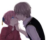  1boy 1girl bangs blue_eyes brown_hair bun_cover chinese_clothes double_bun gintama hand_on_another&#039;s_face hetero incipient_kiss kagura_(gintama) kiss loli_bushi looking_at_another okita_sougo one_eye_closed parted_lips pink_hair shirt short_hair simple_background upper_body vest white_background white_shirt 