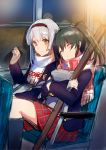  2girls alternate_costume brown_eyes closed_eyes commentary_request green_hair hairband holding_bag kantai_collection leaning_on_person long_hair masukuza_j multiple_girls plaid plaid_skirt shoukaku_(kantai_collection) silver_hair sitting skirt sleeping twintails zuikaku_(kantai_collection) 