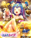 1girl :d ^_^ bare_shoulders barefoot blue_hair blush closed_eyes collar collarbone crossed_legs feet hair_ornament honey japanese_clothes kimono long_hair open_mouth smile soles solo toes 