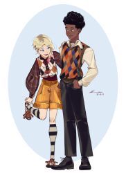  1boy 1girl afro argyle_clothes asymmetrical_hair black_hair blonde_hair blue_eyes casual colored_tips dark-skinned_male dark_skin eyebrow_piercing fashion flannel gwen_stacy highres kneehighs marvel miles_morales multicolored_hair piercing pink_hair shorts sidecut smile socks spider-man_(series) spider-verse spiderbbac striped_clothes striped_socks sweater_vest undercut 