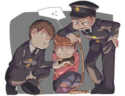  3boys bent_over brothers brown_eyes brown_hair censored choromatsu constricted_pupils flashlight hand_on_hip hat hat_removed headwear_removed hoodie ichimatsu identity_censor male_focus mosaic_censoring multiple_boys osomatsu-kun osomatsu-san outside_border pants pants_rolled_up police police_uniform rope siblings smirk squatting todomatsu trembling uniform 