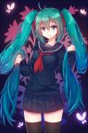  1girl aqua_eyes aqua_hair hatsune_miku long_hair mhong school_uniform serafuku skirt solo thigh-highs twintails very_long_hair vocaloid zettai_ryouiki 