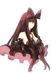  1girl absurdres black_hair bow breasts chain glowing glowing_eyes gothic_lolita hair_bow highres kantai_collection large_breasts lolita_fashion long_hair red_eyes seaplane_tender_hime shinkaisei-kan simple_background sketch solo upper_body white_background yan_wen_zi 