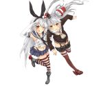  2girls :q amatsukaze_(kantai_collection) arm_grab black_panties blonde_hair blush brown_eyes crop_top dress elbow_gloves full_body garter_straps gloves grey_eyes hair_tubes hairband highleg highleg_panties highres kantai_collection long_hair looking_at_another looking_at_viewer microskirt multiple_girls navel one_eye_closed panties sailor_dress salute school_uniform serafuku shimakaze_(kantai_collection) short_dress silver_hair simple_background skirt small_breasts standing_on_one_leg striped striped_legwear thigh-highs tongue tongue_out two_side_up underwear white_background white_gloves yan_wen_zi 