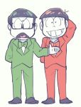  2boys arm_behind_head black_hair bowl_cut bowtie brothers choromatsu formal glasses heart heart_in_mouth hono1212 male_focus manzai matching_outfit multiple_boys osomatsu-kun osomatsu-san osomatsu_(osomatsu-kun) red_suit siblings smile standing suit 