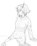 1girl bangs breasts commentary_request dress headgear highres kantai_collection kneehighs large_breasts looking_at_viewer monochrome mutsu_(kantai_collection) niwatazumi ribbed_sweater shadow short_hair sitting sketch smile solo sweater sweater_dress 