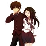  1boy 1girl black_hair chitanda_eru gakuran green_eyes hare_(hal0331) hetero highres hyouka long_hair oreki_houtarou school_uniform serafuku short_hair violet_eyes 