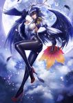  1girl adapted_costume ass bird black_hair black_wings bodysuit breasts clouds cloudy_sky crow dantewontdie detached_sleeves fan feathers from_side full_body full_moon fur_trim hair_between_eyes hat hauchiwa high_heels highres large_breasts legs looking_at_viewer looking_to_the_side low_wings moon night night_sky outdoors pants petals red_eyes red_shoes shameimaru_aya shiny shiny_clothes shoes short_hair sideboob skin_tight sky solo tokin_hat touhou wide_sleeves wings 