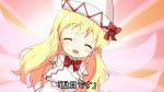  1girl :d ^_^ blonde_hair closed_eyes commentary_request dress hat highres kin-iro_mosaic lily_white long_hair morumoru_(ryo-tyan) open_mouth parody ribbon smile solo style_parody touhou translation_request white_dress wings 