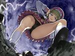  1girl black_panties blue_eyes fisheye from_below giantess highres house long_hair long_sleeves nakabayashi_reimei ookiku_narue panties pleated_skirt running shukushou_gakuen skirt sleeve_cuffs solo thunder underwear upshirt upskirt 