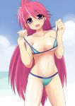  1girl bikini breasts cleavage commentary_request jiyon large_breasts long_hair looking_at_viewer mighty_yukiko navel pink_hair smile solo swimsuit very_long_hair violet_eyes wrestle_angels wrestle_angels_survivor 