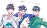  3boys arm_around_shoulder arm_on_shoulder arm_rest black_hair brothers choromatsu gloves gold_chain green_eyes grin highres jewelry jumpsuit karamatsu korean long_sleeves male_focus mouth_hold multiple_boys necklace open_mouth osomatsu-kun osomatsu-san osomatsu_(osomatsu-kun) red_eyes siblings simple_background smile white_background 