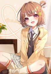  1girl :d akabeko blush brown_hair brown_necktie brown_shoes brown_socks brown_sweater_vest character_name collared_shirt grey_skirt hair_rings hana_s heart highres hood hood_down hooded_jacket indian_style indoors jacket looking_at_viewer loose_socks medium_hair miniskirt necktie open_mouth plaid_clothes plaid_skirt plant pleated_skirt potted_plant sendo_yuuhi shirt shoes single_hair_ring sitting skirt smile socks solo sparkle sweater_vest violet_eyes virtual_youtuber vspo! white_shirt yellow_jacket 