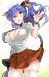  1girl animal_ears blue_eyes blue_hair blush breasts cleavage cow_ears cow_girl cow_horns cow_tail ear_tag horns large_breasts long_hair looking_at_another naso4 open_mouth original short_sleeves skirt smile solo tail thigh-highs twintails white_legwear 