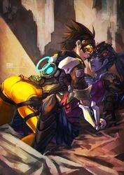  2girls absurdres amelie_lacroix bodysuit brown_hair commentary girl_on_top goggles highres lena_oxton long_hair monorirogue multiple_girls overwatch ponytail short_hair smile spiky_hair tracer_(overwatch) widowmaker_(overwatch) yellow_eyes 