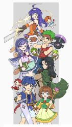  3boys 3girls absurdres aged_down axe black_hair blue_eyes blue_hair boned_meat book boyd_(fire_emblem) boyd_(future_great)_(fire_emblem) bread brown_hair character_doll child commentary cross-laced_clothes cross-laced_top facial_mark fire_emblem fire_emblem:_path_of_radiance fire_emblem_heroes food forehead_mark green_eyes green_hair grin highres holding holding_axe holding_book holding_staff holding_sword holding_weapon ike_(close-knit_siblings)_(fire_emblem) ike_(fire_emblem) ilyana_(awakened_appetite)_(fire_emblem) ilyana_(fire_emblem) long_hair meat mia_(budding_blade)_(fire_emblem) mia_(fire_emblem) mist_(close-knit_siblings)_(fire_emblem) mist_(fire_emblem) multiple_boys multiple_girls official_alternate_costume oscar_(fire_emblem) purple_hair red_eyes rhys_(fire_emblem) rolf_(fire_emblem) short_hair silvercandy_gum simple_background smile soren_(fire_emblem) soren_(hushed_voice)_(fire_emblem) speech_bubble staff sword thought_bubble titania_(fire_emblem) twitter_username violet_eyes weapon 