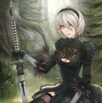  1girl bangs blonde_hair dress eyelashes gloves grass green_dress green_eyes green_legwear hair_between_eyes hairband highres holding_sword holding_weapon juliet_sleeves lips long_sleeves looking_at_viewer mole mole_under_mouth nature nier nier_automata outdoors planted_sword planted_weapon puffy_sleeves revision short_hair silver_hair sitting solo sword thigh-highs tree tree_stump unsomnus weapon yorha_unit_no._2_type_b 
