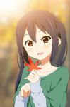  1girl :d autumn_leaves black_hair blush brown_eyes collarbone holding_leaf k-on! kisuke_(akutamu) leaf long_hair long_sleeves looking_at_viewer nakano_azusa open_mouth shiny shiny_hair smile solo twintails 