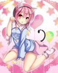  1girl absurdres animal_ears balloon blue_shirt blush cat_ears cat_tail collared_shirt commentary_request frilled_shirt_collar frilled_sleeves frills gradient gradient_background head headband heart heart_balloon highres komeiji_satori mochizuki_hull no_shoes open_mouth paw_pose pink_background pink_hair pink_legwear pink_skirt red_eyes shirt short_hair skirt solo star tail touhou white_background wide_sleeves 