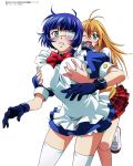  2girls ;d absurdres ahoge antenna_hair blue_hair blush breasts eyepatch fang gloves green_eyes groping happy highres ikkitousen large_breasts long_hair maid mole mole_under_mouth multiple_girls official_art one_eye_closed open_mouth orange_hair parted_lips red_skirt rin-sin ryomou_shimei school_uniform shoes short_hair skirt smile sonsaku_hakufu surprised thigh-highs uwabaki white_legwear 