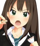  1girl aqua_necktie bangs blush brown_hair collared_shirt d: d:&lt; feeding food frown green_eyes holding holding_food idolmaster idolmaster_cinderella_girls jewelry long_hair looking_at_viewer necklace necktie o_(rakkasei) open_mouth pov shibuya_rin shirt simple_background solo teeth tongue upper_body white_background white_shirt 