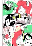 &gt;_&lt; 2girls agent_3 artist_name closed_eyes comic domino_mask eromame eyebrows green_eyes green_hair gun_to_head hands_up inkling long_hair mask midriff monochrome multiple_girls nintendo octoling octoling_girl redhead splatoon splatoon_(series) super_soaker sweat tank_top thick_eyebrows translation_request twitter_username violet_eyes