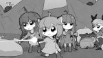  3d 5girls :&lt; :3 :o bat_wings bike_horn bkub_(style) blender_(medium) boots bow chen chibi cirno commentary crossover dance_in_the_vampire_bund dress earrings energy_gun firing greyscale gs-mantis hair_bow hair_ribbon highres jewelry laser_beam laser_rifle long_hair lying mina_tepes monochrome multiple_girls no_hat on_stomach outdoors parody patchouli_knowledge remilia_scarlet ribbon rock star_trek touhou twintails uniform weapon wings 