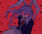  1girl animal_ears glowing glowing_eyes jacket long_hair long_sleeves looking_at_viewer miata_(pixiv) necktie open_mouth purple_hair rabbit_ears red_background red_eyes reisen_udongein_inaba shirt simple_background skirt solo touhou vest 
