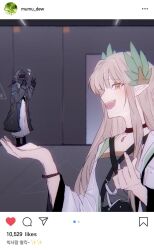  1girl 1other ambiguous_gender arknights arm_up black_choker black_coat brown_eyes brown_hair choker coat doctor_(arknights) dr_paldo elf fake_phone_screenshot fake_screenshot grey_shirt highres hood hooded_coat instagram korean_text laurel_crown long_hair looking_at_viewer mask muelsyse_(arknights) open_mouth pointy_ears shirt social_network upper_body user_interface white_coat 