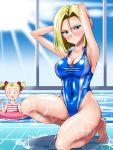  2girls android_18 blonde_hair blue_eyes bow breasts cleavage competition_swimsuit double_v dragon_ball dragon_ball_z hair_bow innertube kneeling marron mother_and_daughter multiple_girls navel one-piece_swimsuit partially_submerged pool sen_(sansui) sparkle sun swimsuit twintails v wet window 