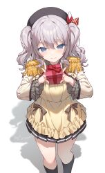  1girl absurdres apron black_hat black_skirt black_socks blue_eyes brown_ribbon closed_mouth commentary frilled_sleeves frills gift grey_hair hat highres holding holding_gift jacket kantai_collection kashima_(kancolle) military_jacket miyayoki pleated_skirt red_ribbon ribbon shadow short_twintails simple_background skirt smile socks solo standing twintails twitter_username wavy_hair white_background wrapped_up yellow_apron 