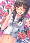  1girl adjusting_glasses black_hair flower glasses hamizu highres long_hair navel original pocky_day rose solo 