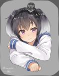  1girl :&gt; black_hair eyebrows fang hairband isshiki_(ffmania7) kantai_collection looking_at_viewer multicolored_hair pink_eyes portrait school_uniform serafuku short_hair short_hair_with_long_locks sketch sleeves_past_wrists smile solo thick_eyebrows tokitsukaze_(kantai_collection) twitter_username 