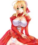  1girl :o ahoge blonde_hair breasts cleavage fate/extra fate_(series) green_eyes hair_ribbon large_breasts panties ribbon ryuushou saber_extra short_hair simple_background solo underwear white_background white_panties 