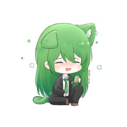  1boy black_jacket black_pants black_suit blush can cat_boy chibi closed_eyes collared_shirt drooling drunk green_hair green_necktie holding holding_can jacket knee_up lapels lobotomy_corporation lobotomy_corporation_logo long_hair male_focus mouth_drool necktie netzach_(project_moon) ori_oriio pants project_moon shirt sitting solo squeans suit white_shirt 