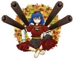  1girl alternate_eye_color amida_murasaki anklet arm_rest autumn_leaves barefoot black_skirt blue_hair breasts feet hand_on_own_thigh jewelry large_breasts layered_clothing layered_skirt leaf_print leg_up long_skirt long_sleeves looking_at_viewer mirror onbashira pinecone red_shirt red_skirt rope shimenawa shirt short_hair short_sleeves simple_background sitting skirt smirk solo touhou white_background white_shirt yasaka_kanako yellow_eyes 