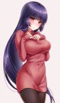  1girl akira_(natsumemo) black_legwear blush breasts gym_leader hands_on_own_chest jpeg_artifacts large_breasts long_hair looking_at_viewer natsume_(pokemon) pantyhose pokemon pokemon_(game) purple_hair red_eyes ribbed_sweater simple_background solo sweater very_long_hair 