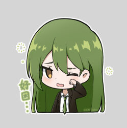  1boy black_jacket blush collared_shirt cropped_torso dot_nose formal_clothes green_hair grey_background jacket lapels lobotomy_corporation long_hair male_focus netzach_(project_moon) ori_oriio project_moon rubbing_eyes shirt simple_background solo upper_body white_shirt wince 